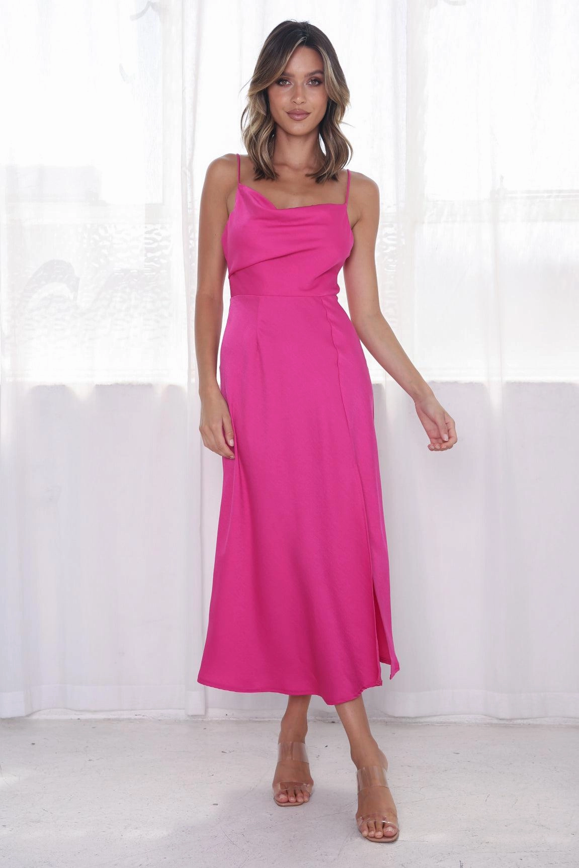 Tiana Dress - Fuchsia Slit Detail Silky Touch