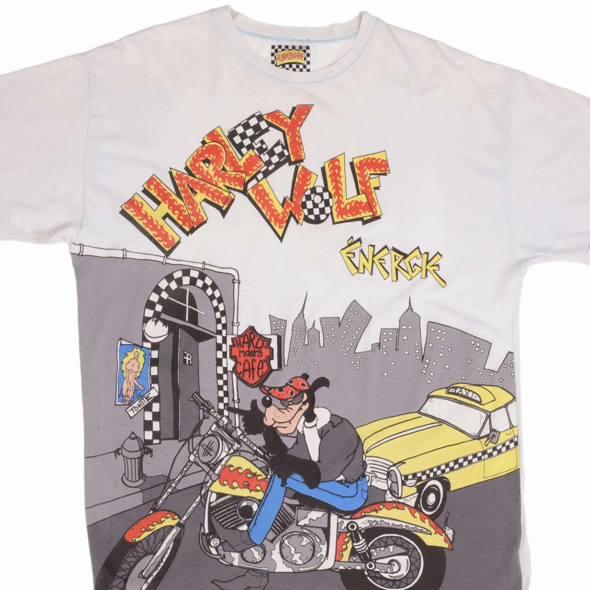 Chill Design VINTAGE HARLEY WOLF ENERGIE BIKER ALL OVER PRINT TEE SHIRT 1990S XL MADE ITALY