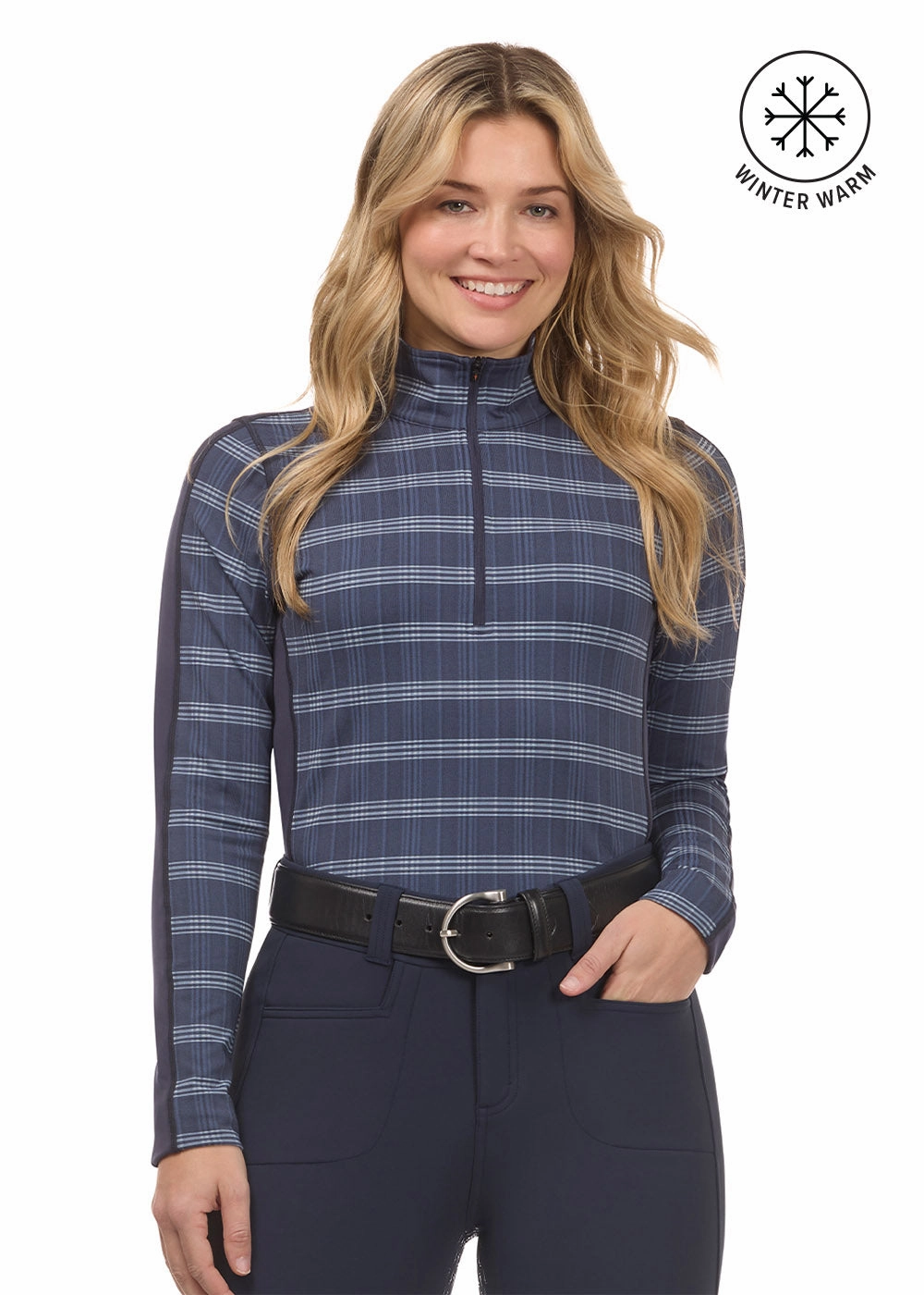 Asymmetrical Cut Anti Static Finish Stretch Plaid Quarter Zip Top