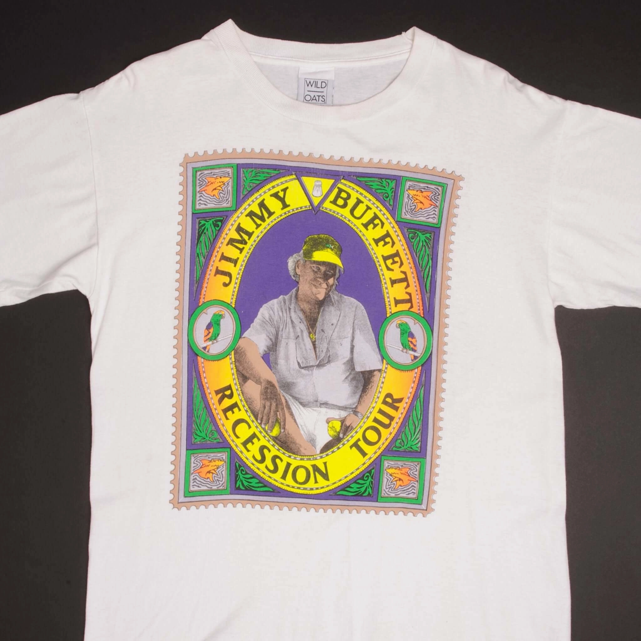 VINTAGE JIMMY BUFFETT RECESSION TOUR TEE SHIRT 1990S SIZE LARGE MADE USA Standard Body Fit Ribbed Neckline