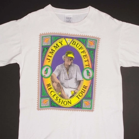 VINTAGE JIMMY BUFFETT RECESSION TOUR TEE SHIRT 1990S SIZE LARGE MADE USA Standard Body Fit Ribbed Neckline