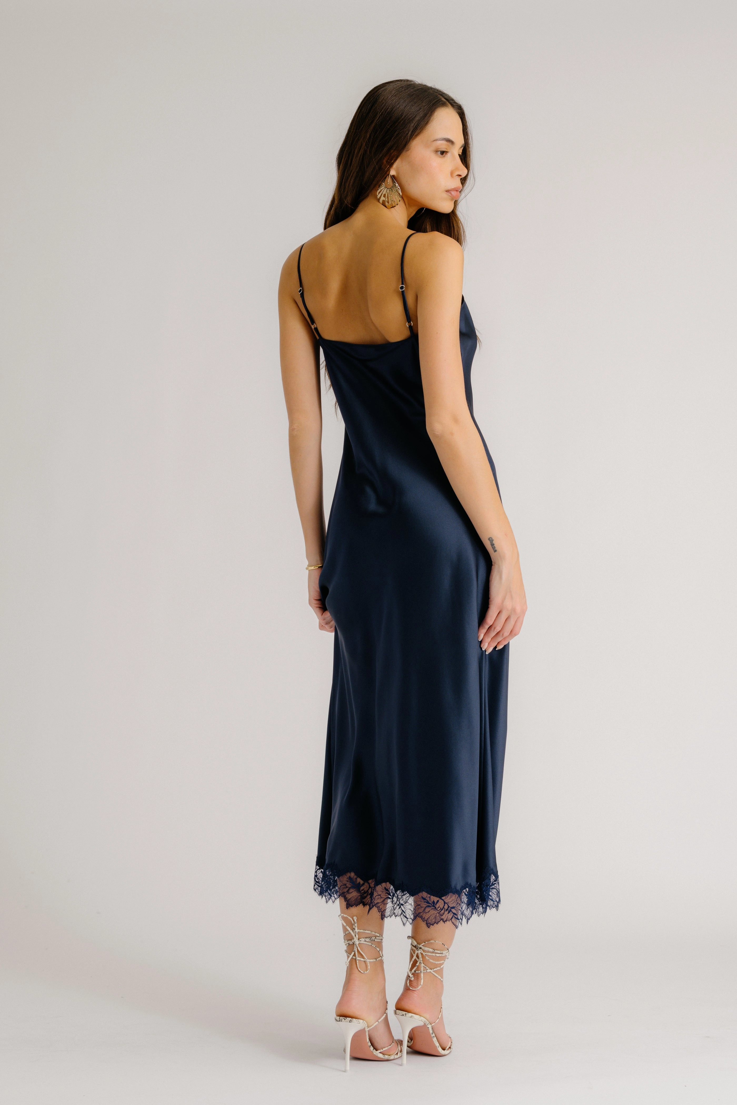 TAYLOR V-NECK BIAS CUT SILK DRESS W/ LACE | MIDNIGHT NAVY Dry-Clean-Only