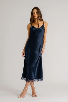 TAYLOR V-NECK BIAS CUT SILK DRESS W/ LACE | MIDNIGHT NAVY Calm Shine Travel-Pack