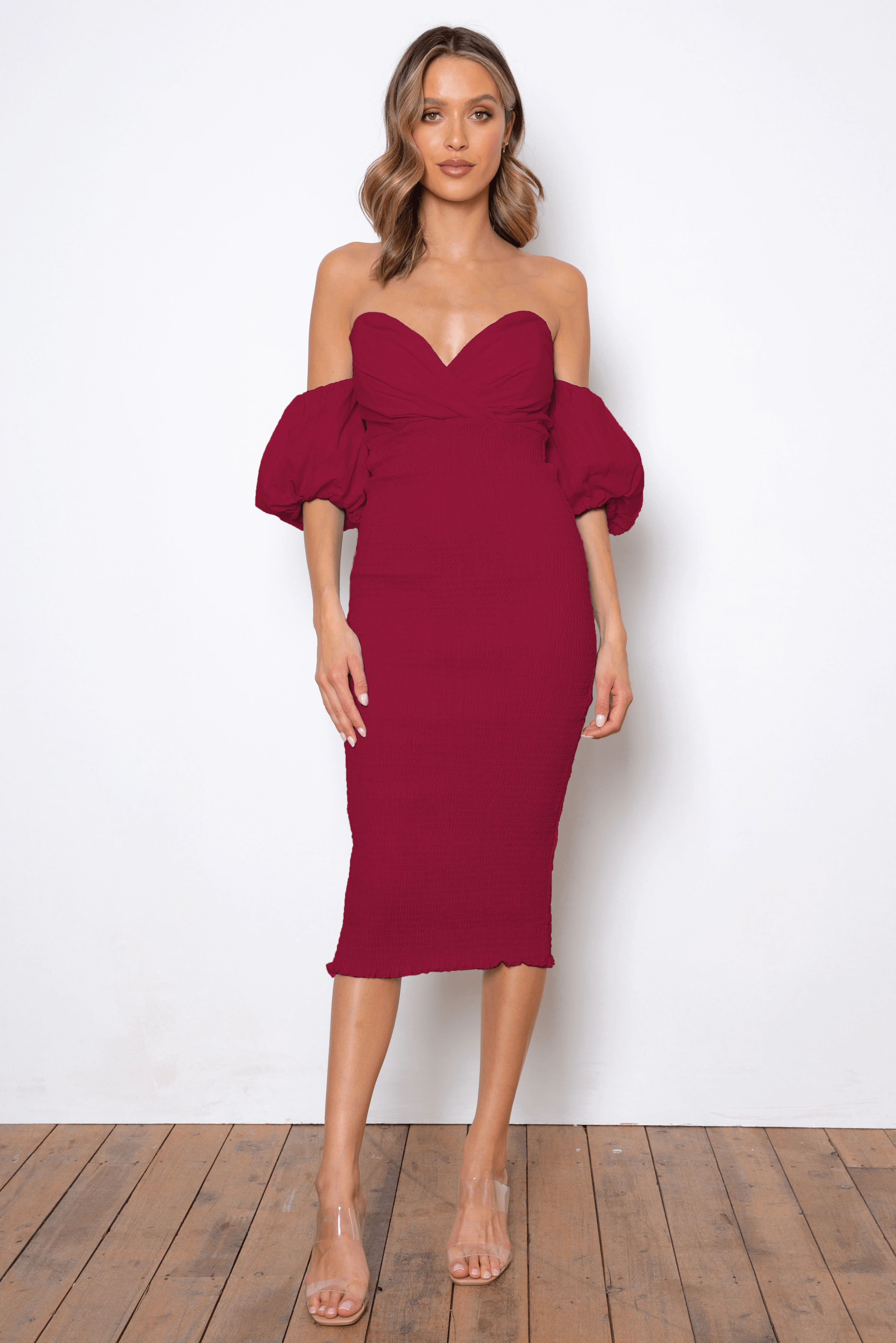 Casual Pick Feminine off-the-shoulder gown Sweetie Midi Dress - Burgundy