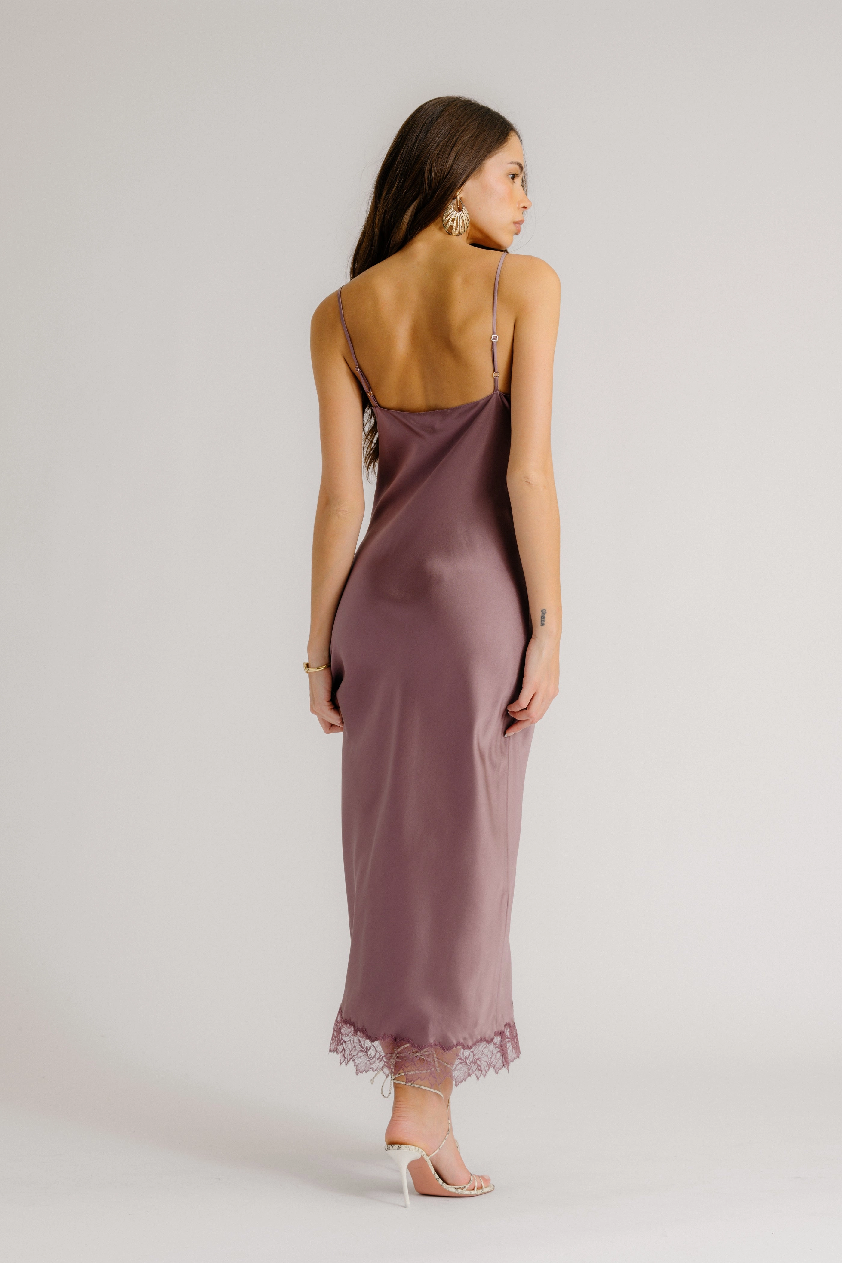 Timeless Appeal Ready Anytime TAYLOR  V-NECK BIAS CUT SILK DRESS W/ LACE | DUSTY VIOLET
