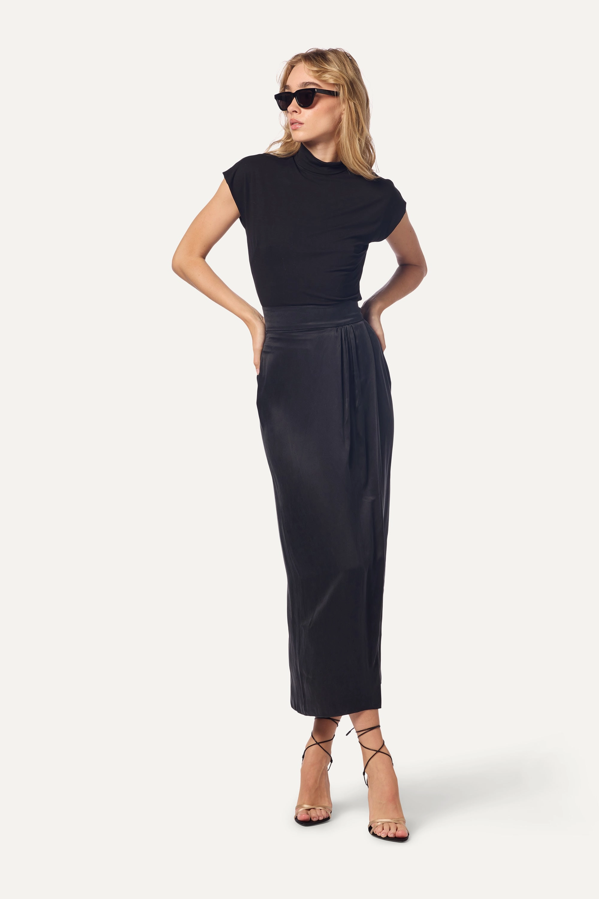 Timeless Energy Easy Movement IRIS FAUX WRAP SKIRT WITH SLIT | BLACK
