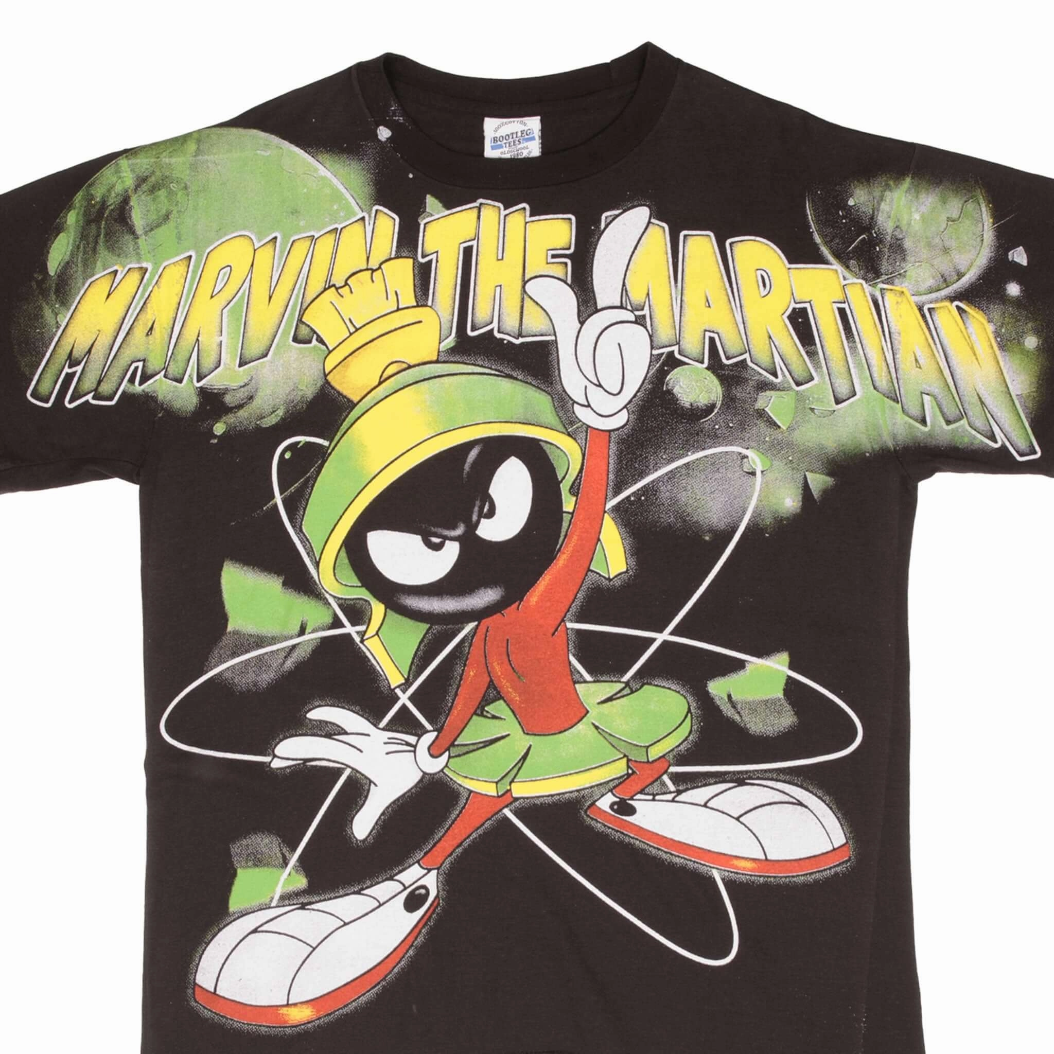 BOOTLEG ALL OVER PRINT MARVIN THE MARTIAN TEE SHIRT SIZE LARGE SINGLE STITCH ZeroDistressFinish Comfy Look Wear