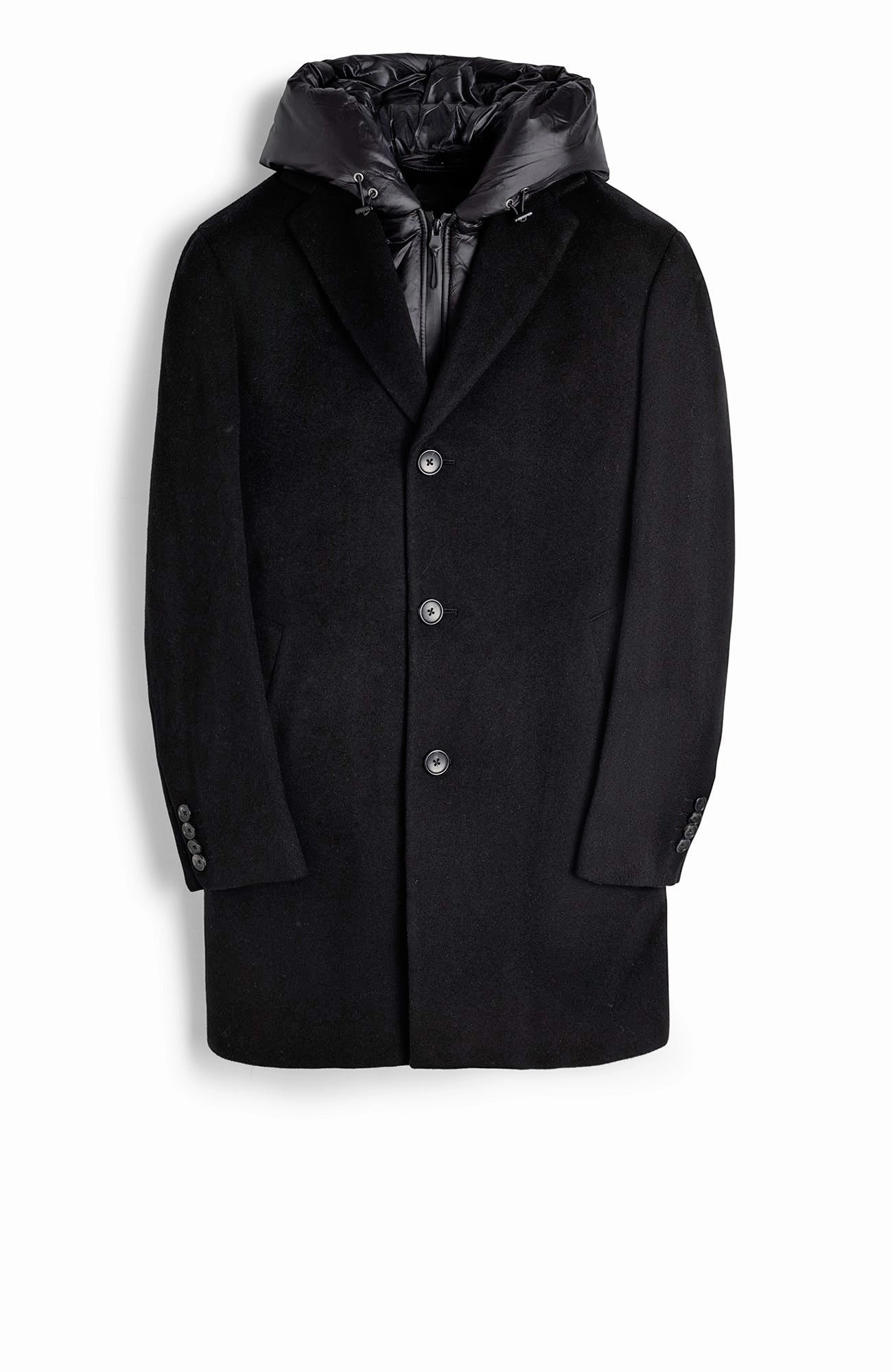 TRENTON BLACK WOOL & CASHMERE TOPCOAT Cozy Hood Detail No Wrinkle