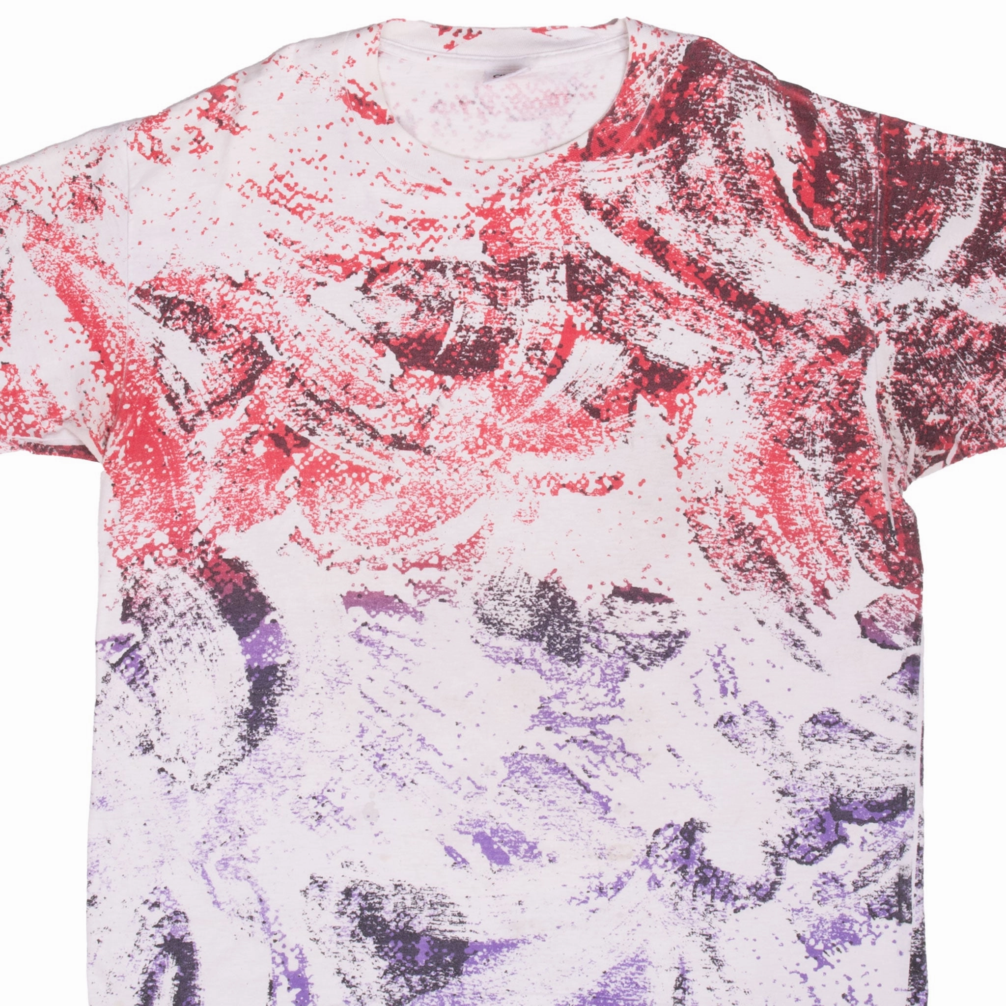 Summer Favorite Wicking Interlock Knit VINTAGE ALL OVER PRINT RED PURPLE WHITE TEE SHIRT XL MADE IN USA SINGLE STITCH 1990s
