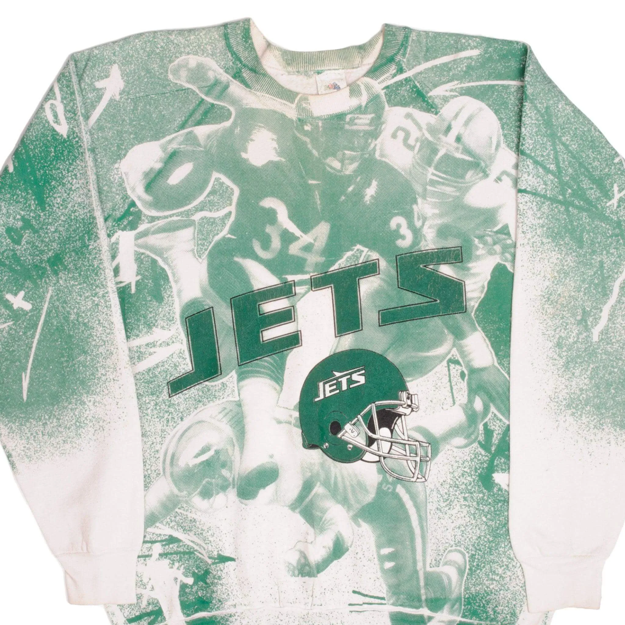 VINTAGE ALL OVER PRINT NFL NY JETS SWEATSHIRT SIZE XL MADE IN USA 1990s Core Minimal