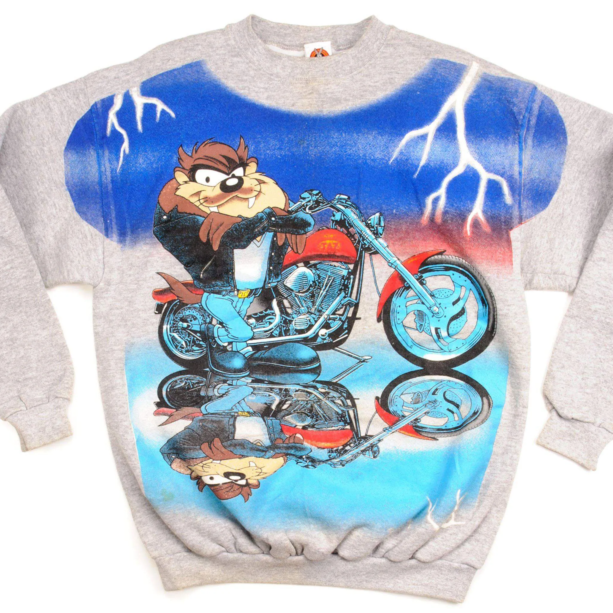 VINTAGE LOONEY TUNES TAZ BIKER SWEATSHIRT 1997 SIZE MEDIUM Sporty Style Zebra like