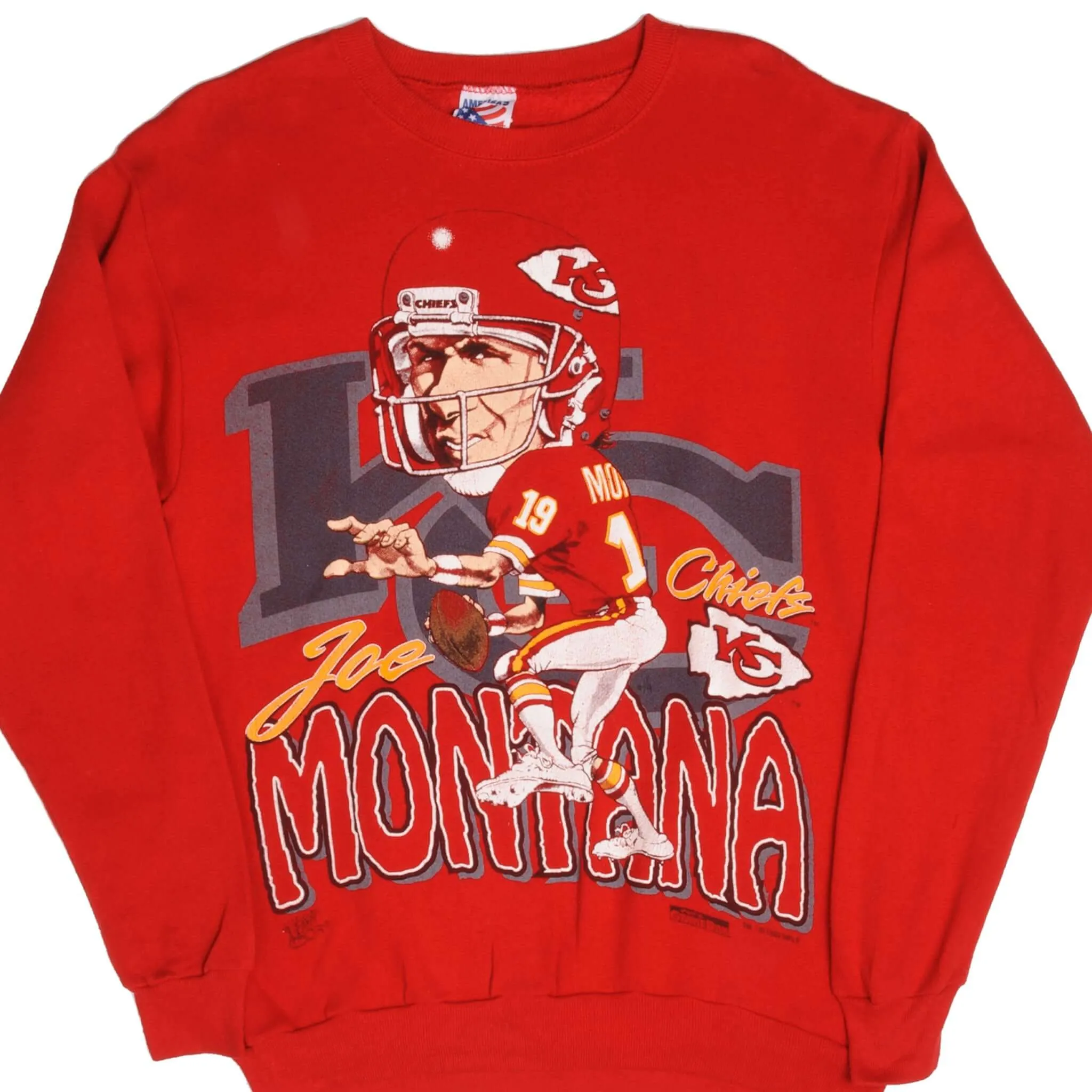 product display VINTAGE NFL KANSAS CITY CHIEFS JOE MONTANA SWEATSHIRT SIZE LARGE 1993 MADE USA