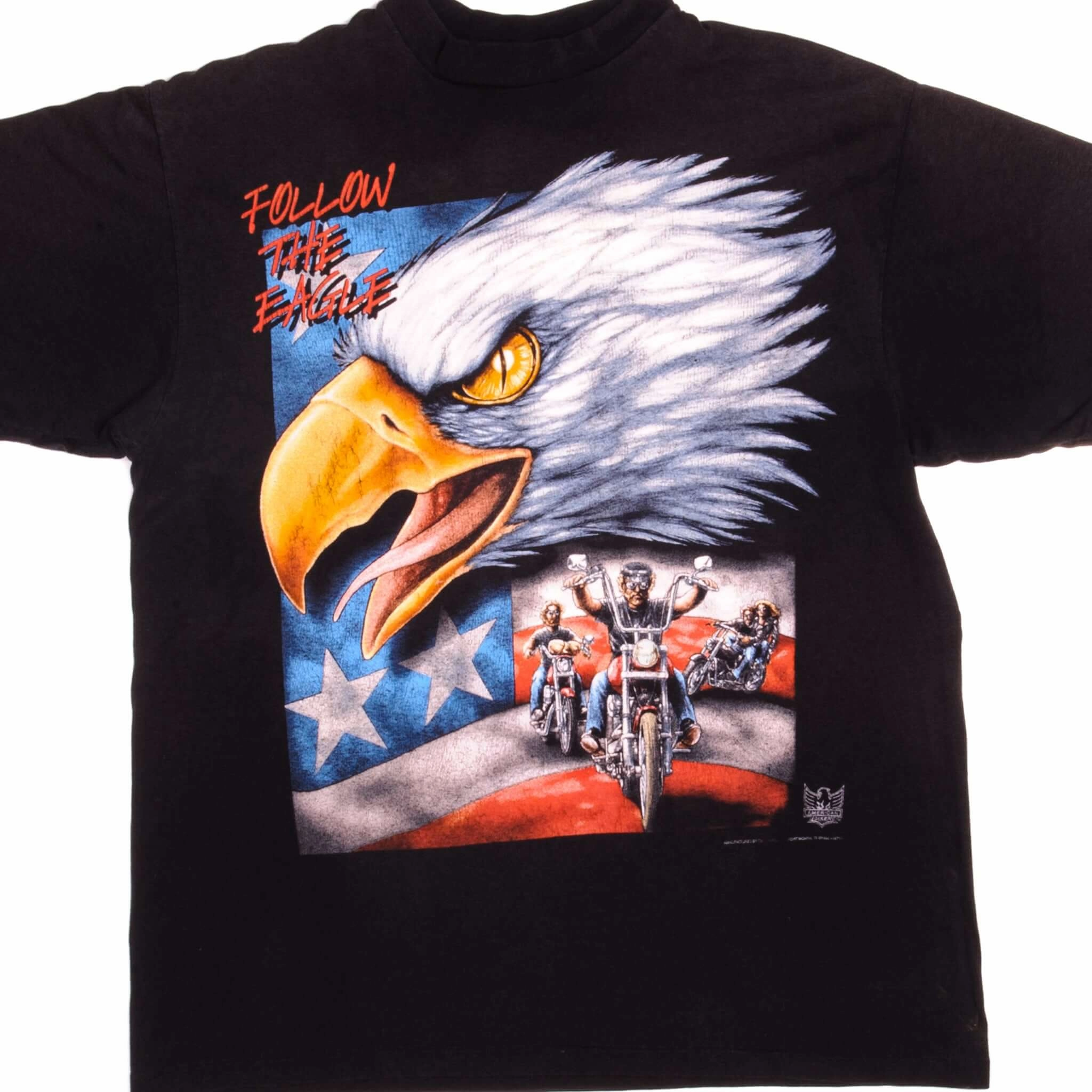 VINTAGE 3D EMBLEM AMERICAN BIKER FOLLOW THE EAGLE TEE SHIRT 1998 XL MADE IN USA Distressed Hem Finish