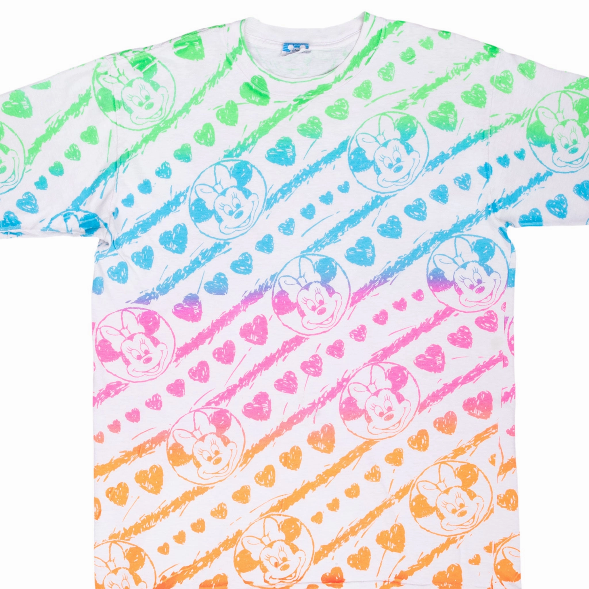 VINTAGE ALL OVER PRINT RAINBOW DISNEY MINNIE TEE SHIRT 1990S LARGE MADE IN USA Holiday Wear Holiday Trend