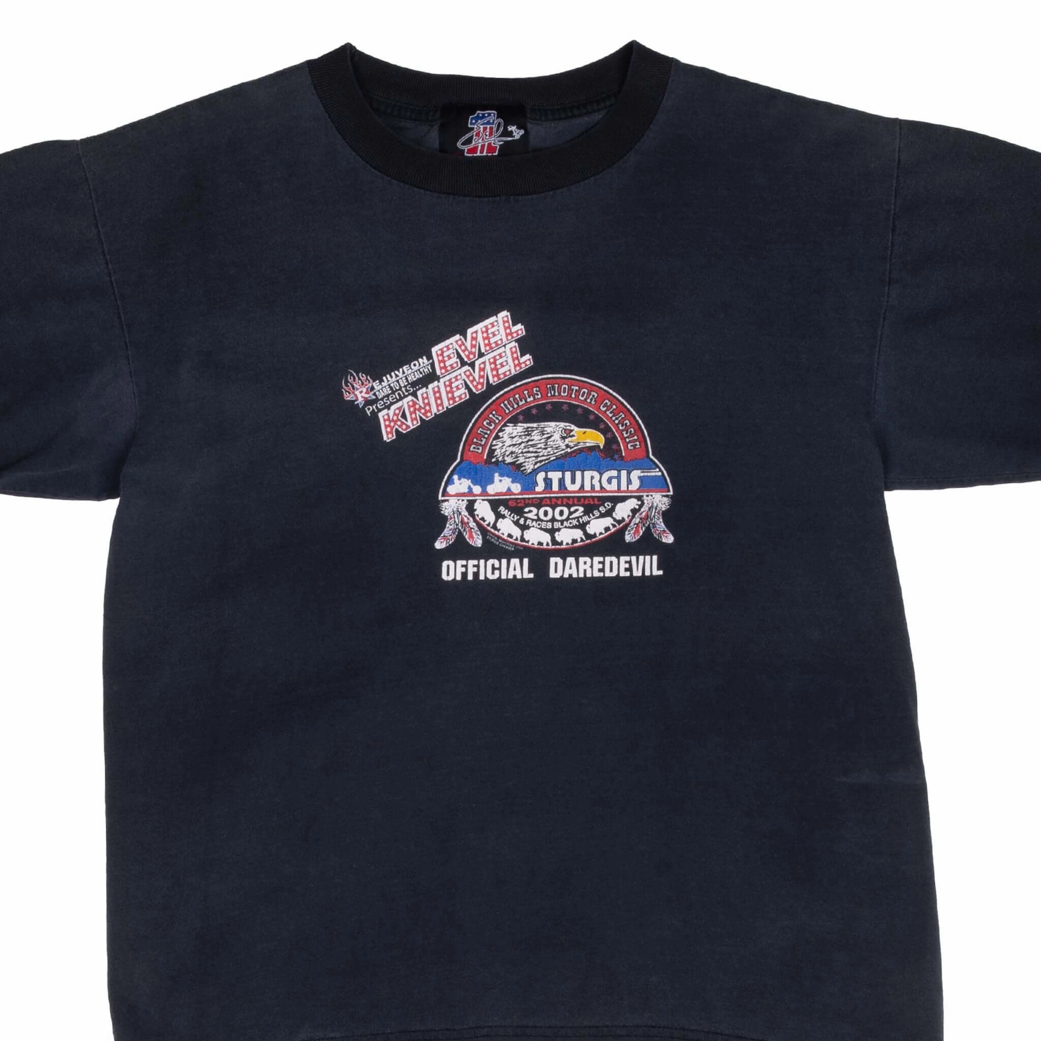 VINTAGE BIKER STURGIS RALLY EVEL KNIEVEL 2002 TEE SHIRT MEDIUM MADE IN USA Stretch performance Weekend Smart