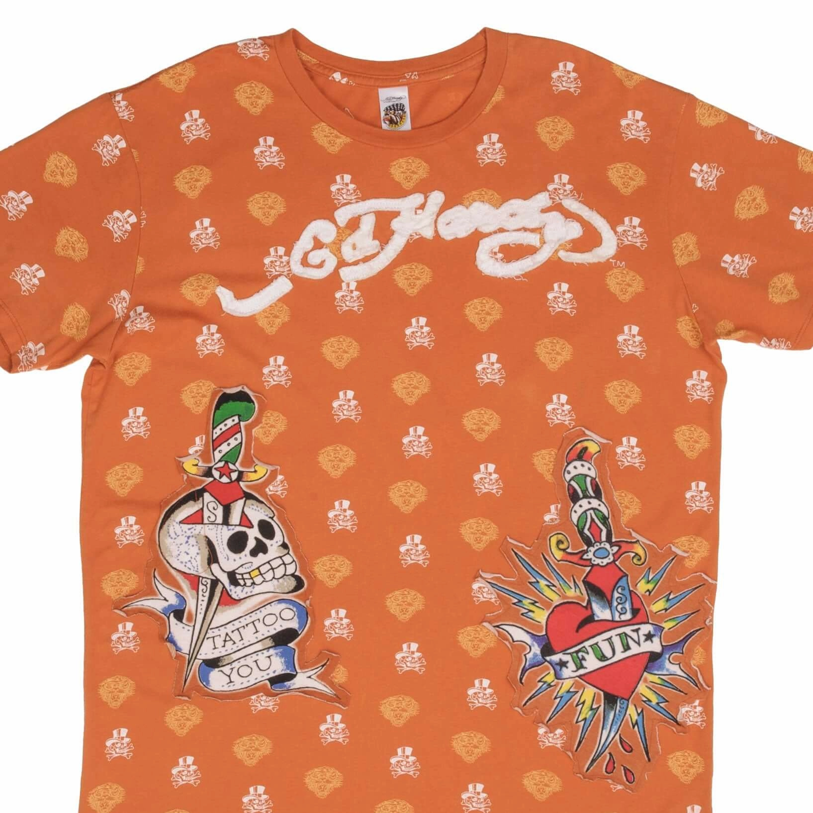 VINTAGE ED HARDY PATCH ALL OVER PRINT TEE SHIRT 2000S SIZE XL MADE IN USA Stretch Material