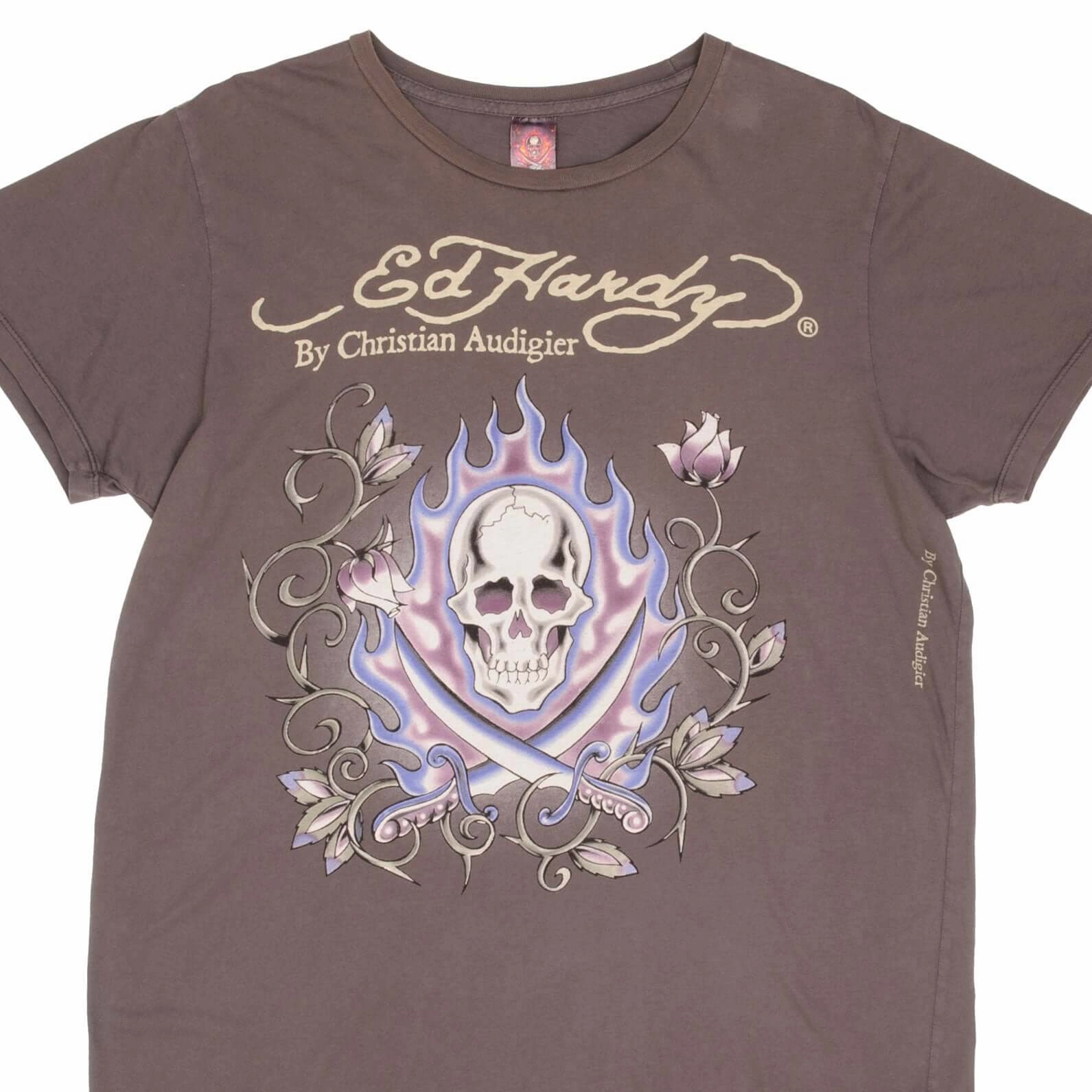 VINTAGE ED HARDY SKULL AND ROSES TEE SHIRT 2000S SIZE XL MADE IN USA Travel Light print design