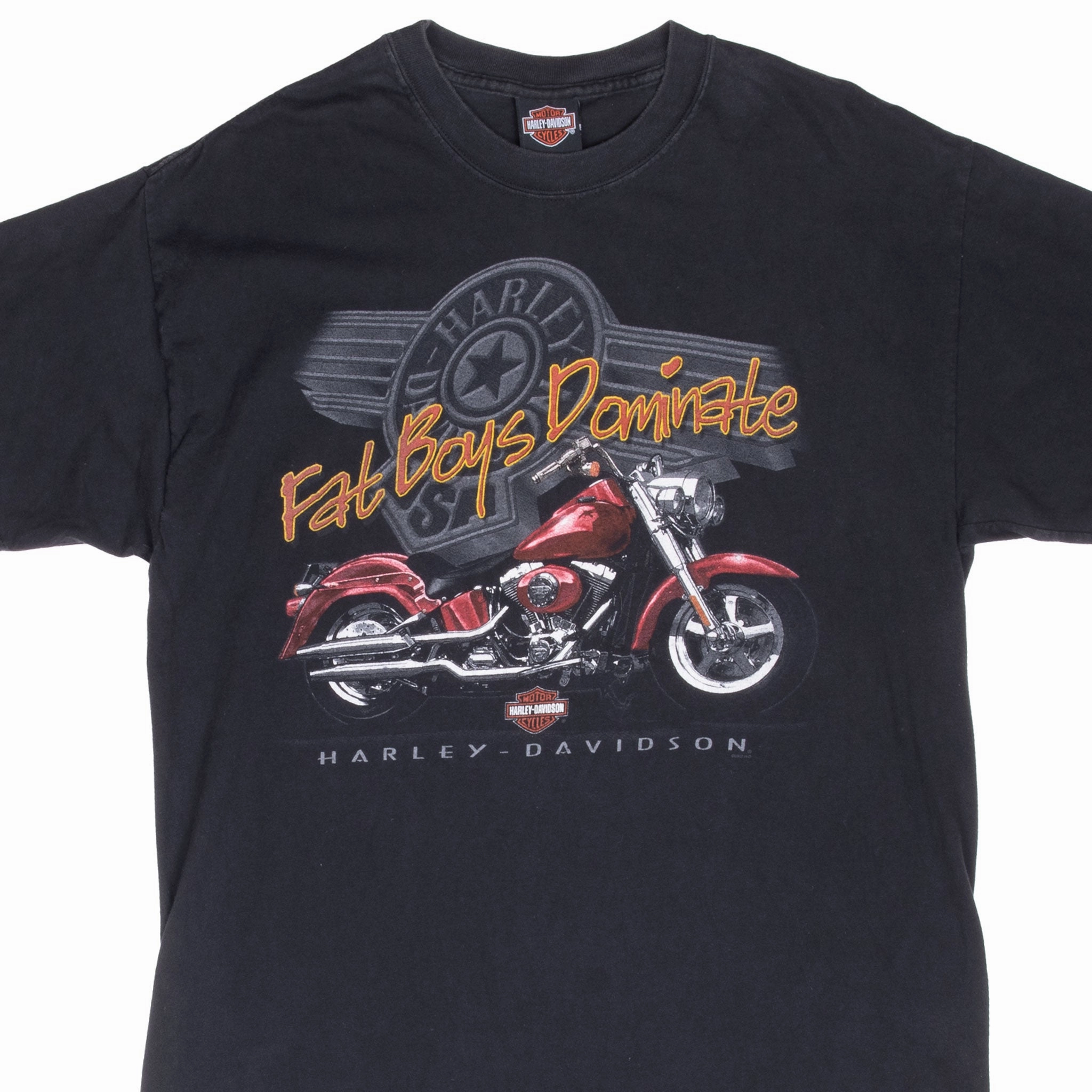 VINTAGE HARLEY DAVIDSON FATBOY FORT WORTH TEXAS 2002 TEE SHIRT LARGE MADE IN USA Chilly Day Wear Soft Brushed Finish