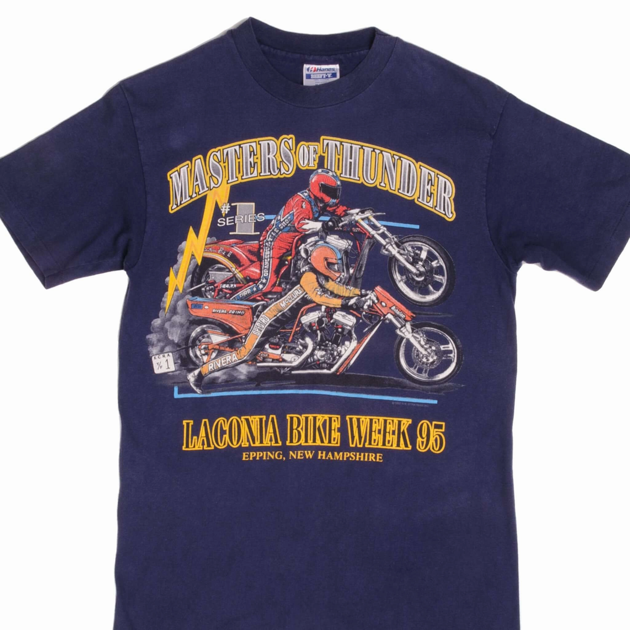 Boat neck style Premium Material VINTAGE HARLEY DAVIDSON MASTER OF THUNDER TEE SHIRT 1995 SIZE SMALL MADE IN USA