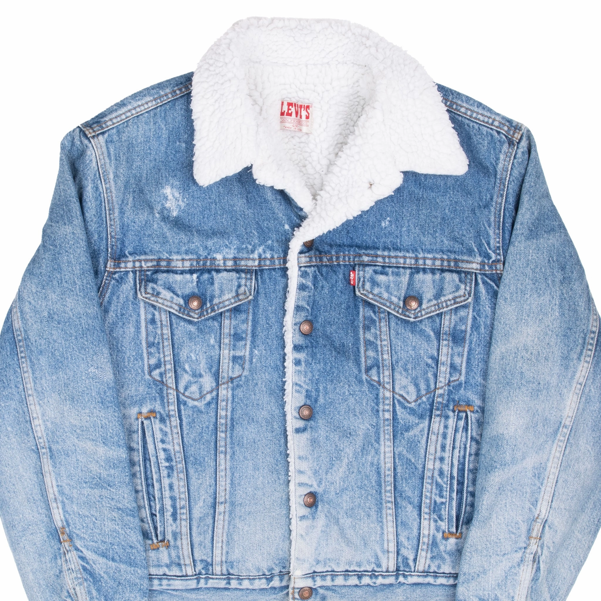 VINTAGE LEVIS SHERPA TRUCKER BLUE DENIM JACKET 1980S SIZE 42R MADE IN USA Collaborate