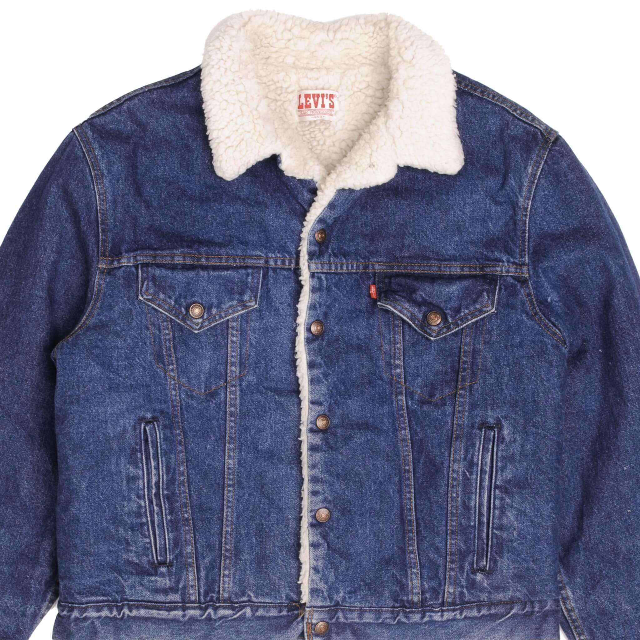 Variable Baffle Sizing VINTAGE LEVIS SHERPA TRUCKER DENIM JACKET 1980S SIZE 44R MADE IN USA