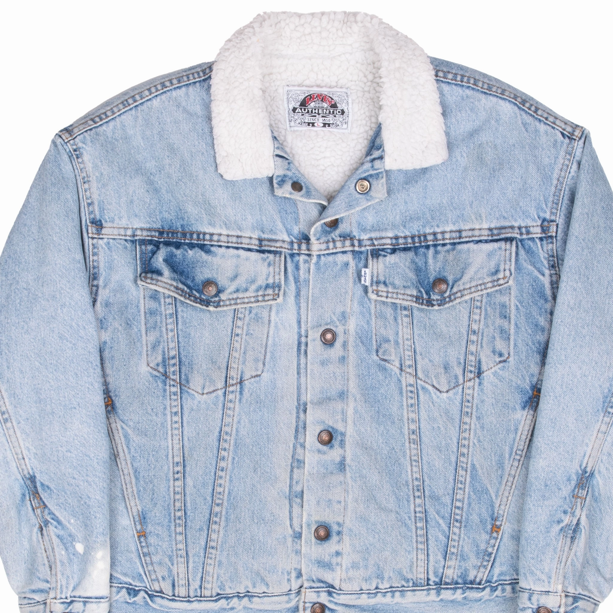 VINTAGE LEVIS SHERPA WHITE TAB TRUCKER BLUE DENIM JACKET 1990S LARGE MADE IN USA Connection
