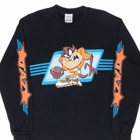 VINTAGE LOONEY TUNES TAZ FOOTBALL LONG SLEEVE TEE SHIRT 1995 MEDIUM MADE IN USA Durable Color Retention Relaxed Waistband