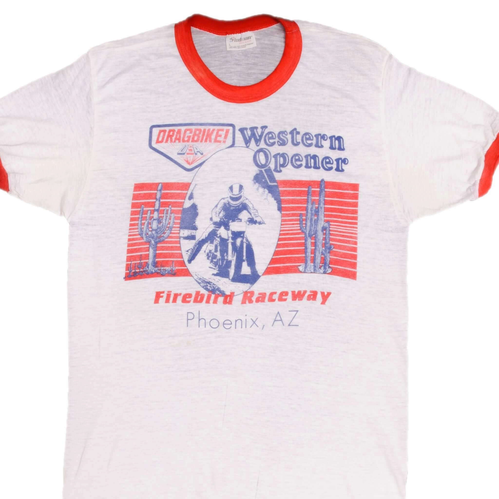 VINTAGE MOTORCYCLE RACING WESTERN OPENER FIREBIRD RACEWAY TEE SHIRT 1980S MEDIUM MADE USA Comfortable Wear Soft Breathable