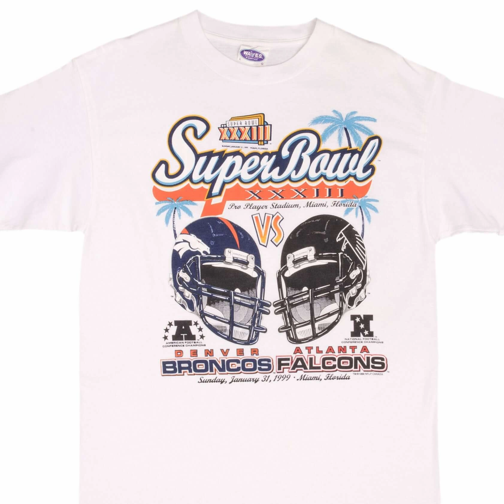VINTAGE NFL FALCONS VS BRONCOS SUPERBOWL XXXIII 1999 TEE SHIRT SIZE LARGE EcoFriendlyDyes
