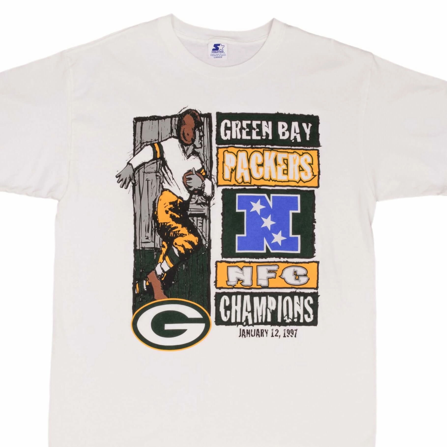 VINTAGE NFL GREEN BAY PACKERS NFC CHAMPIONS 1997 STARTER TEE SHIRT LARGE Sleek Waist