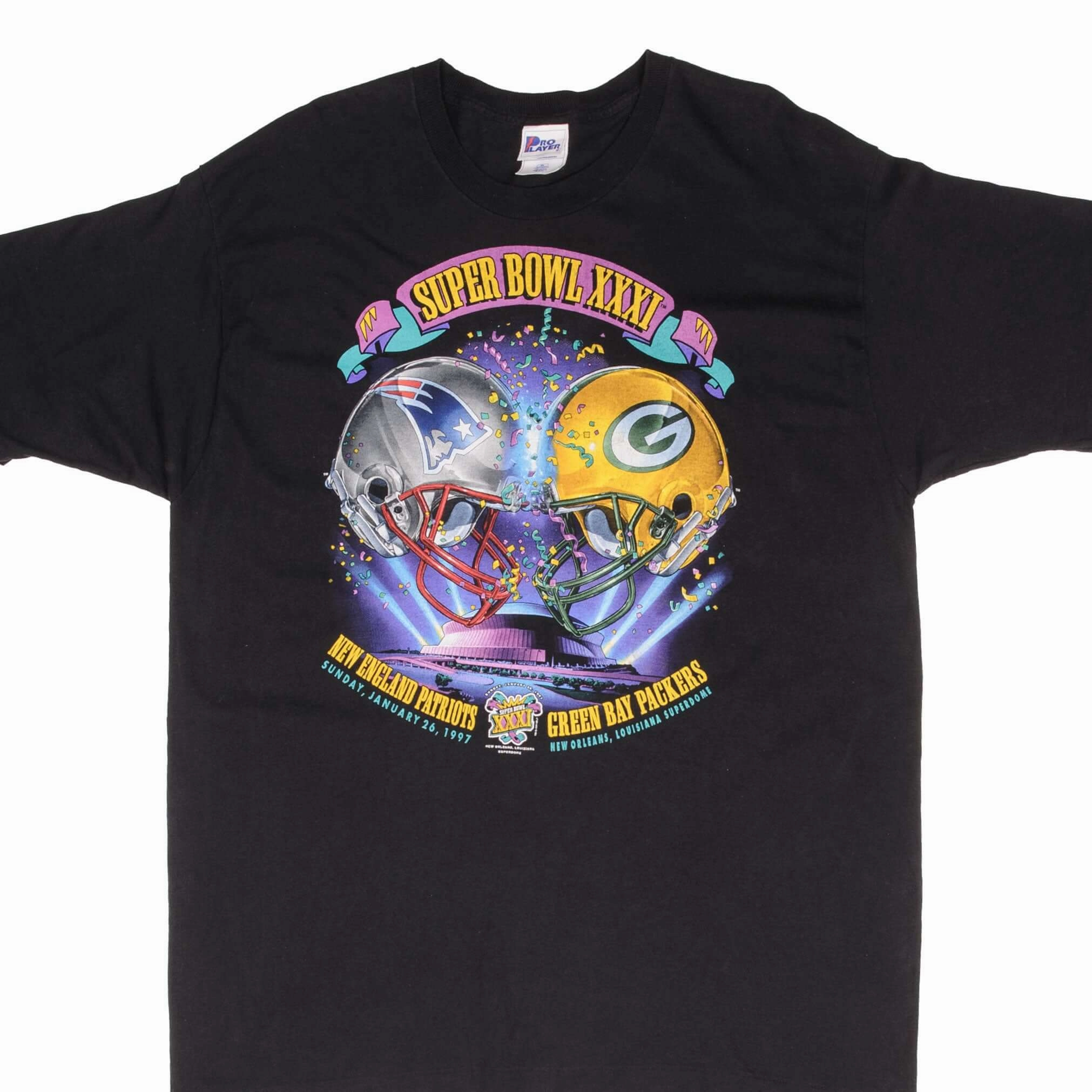 VINTAGE NFL PATRIOTS VS PACKERS SUPER BOWL XXXI 1997 TEE SHIRT XL MADE IN USA Light and Breathable PreShrunkCotton