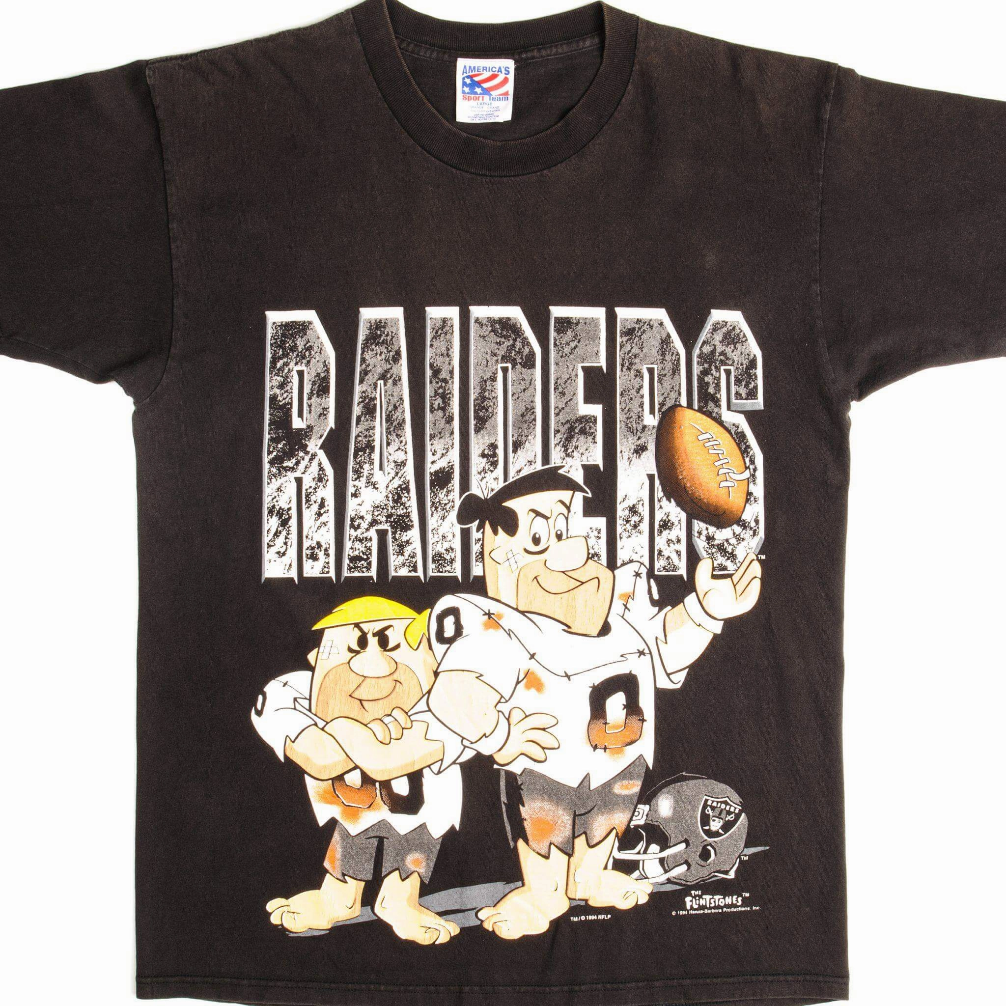 Customizable crew neck VINTAGE NFL THE FLINTSTONES LOS ANGELES RAIDERS TEE SHIRT 1994 SIZE MEDIUM MADE IN USA
