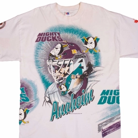 Scoop neck femininity Athletic Comfort Wear VINTAGE NHL ALL OVER PRINT DISNEY ANAHEIM MIGHTY DUCKS TEE SHIRT 1993 SIZE XL MADE IN CANADA