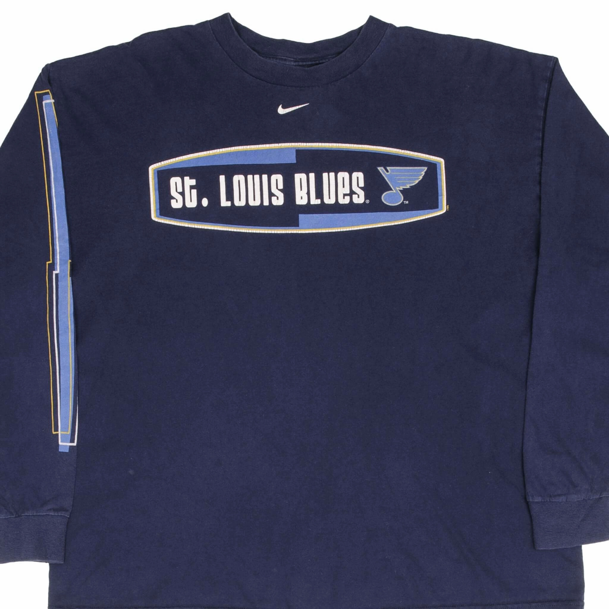 Non Iron Finish VINTAGE NIKE NHL ST LOUIS BLUES CENTER SWOOSH LONG SLEEVE TEE SHIRT 1990S LARGE