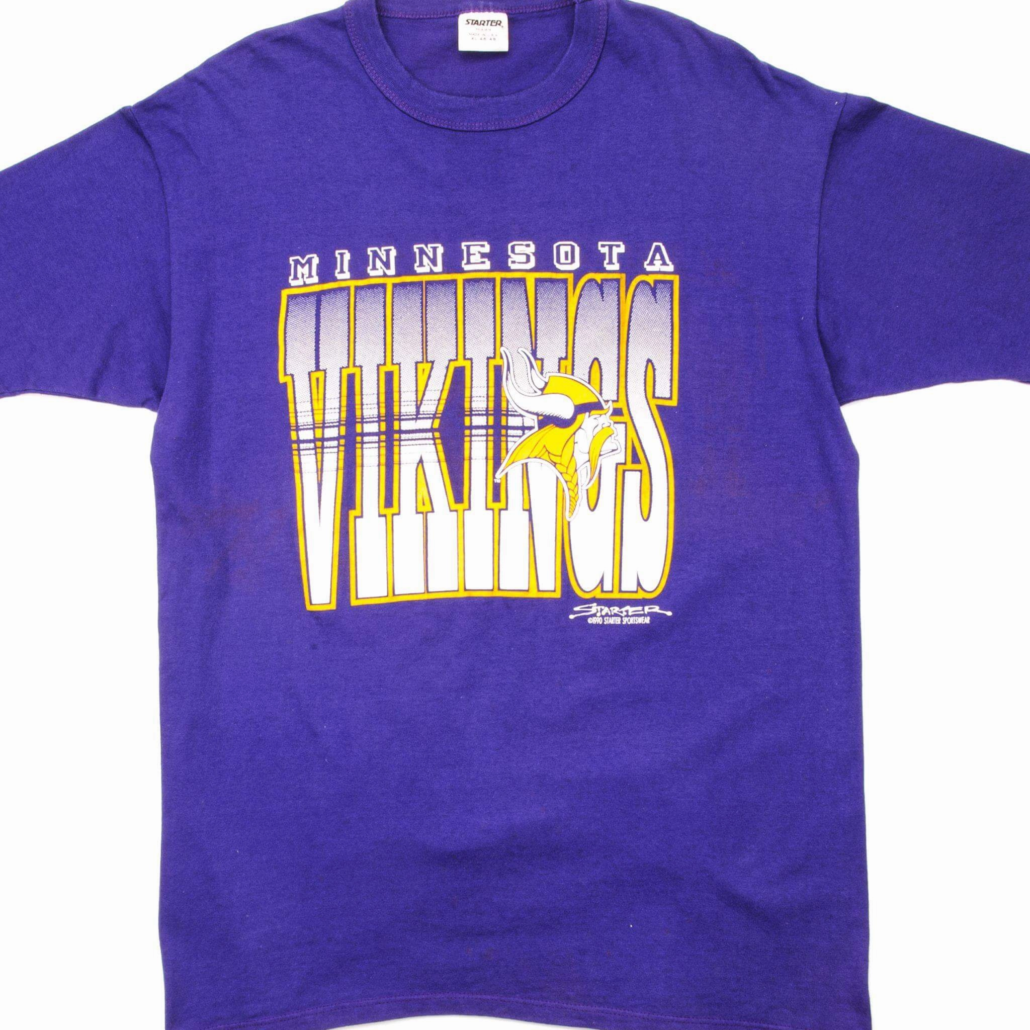Sleek Waistband Contrast Inner Binding VINTAGE STARTER NFL MINNESOTA VIKINGS TEE SHIRT 1990 SIZE LARGE MADE IN USA