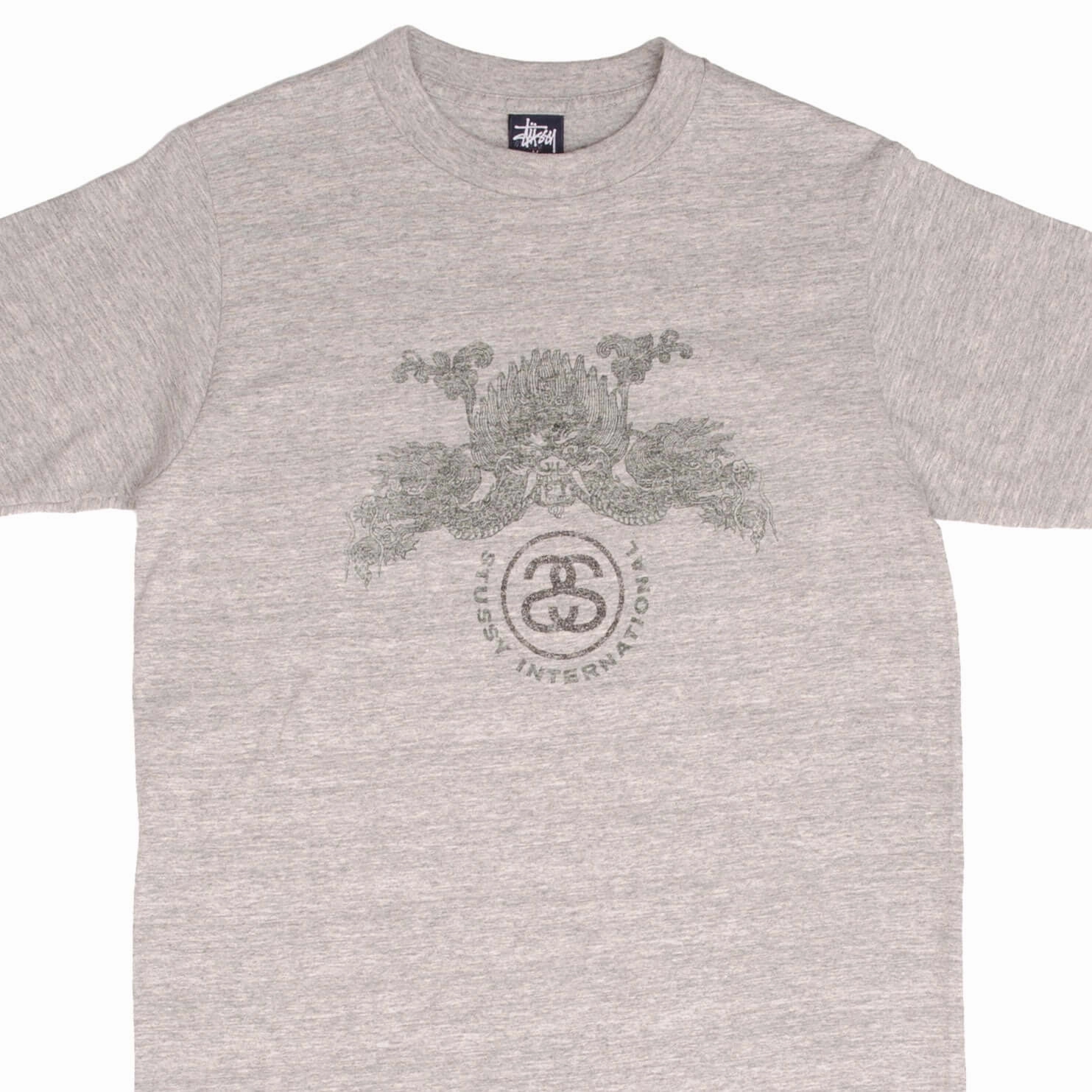 VINTAGE STUSSY DRAGON GREY TEE SHIRT 1990S SIZE MEDIUM MADE IN USA Crew neck classic Summer Favorite