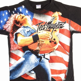 VINTAGE TED NUGENT TEE SHIRT 1990s SIZE LARGE ALL OPVER PRINT Holiday Style Retro Style