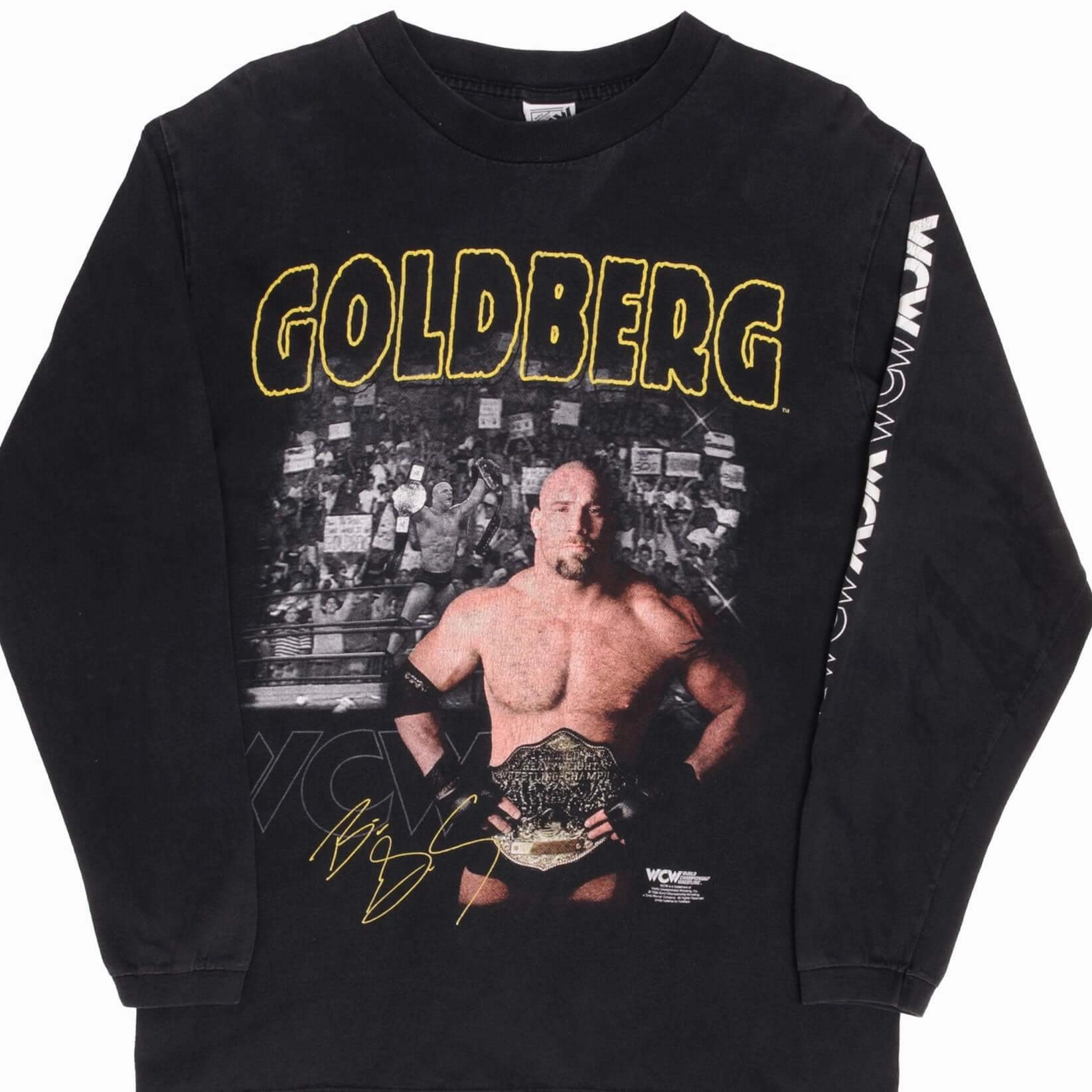 VINTAGE WCW WRESTLING GOLDBERG LONG SLEEVE TEE SHIRT 1998 SIZE MEDIUM Foam Print Detail Light Stretch