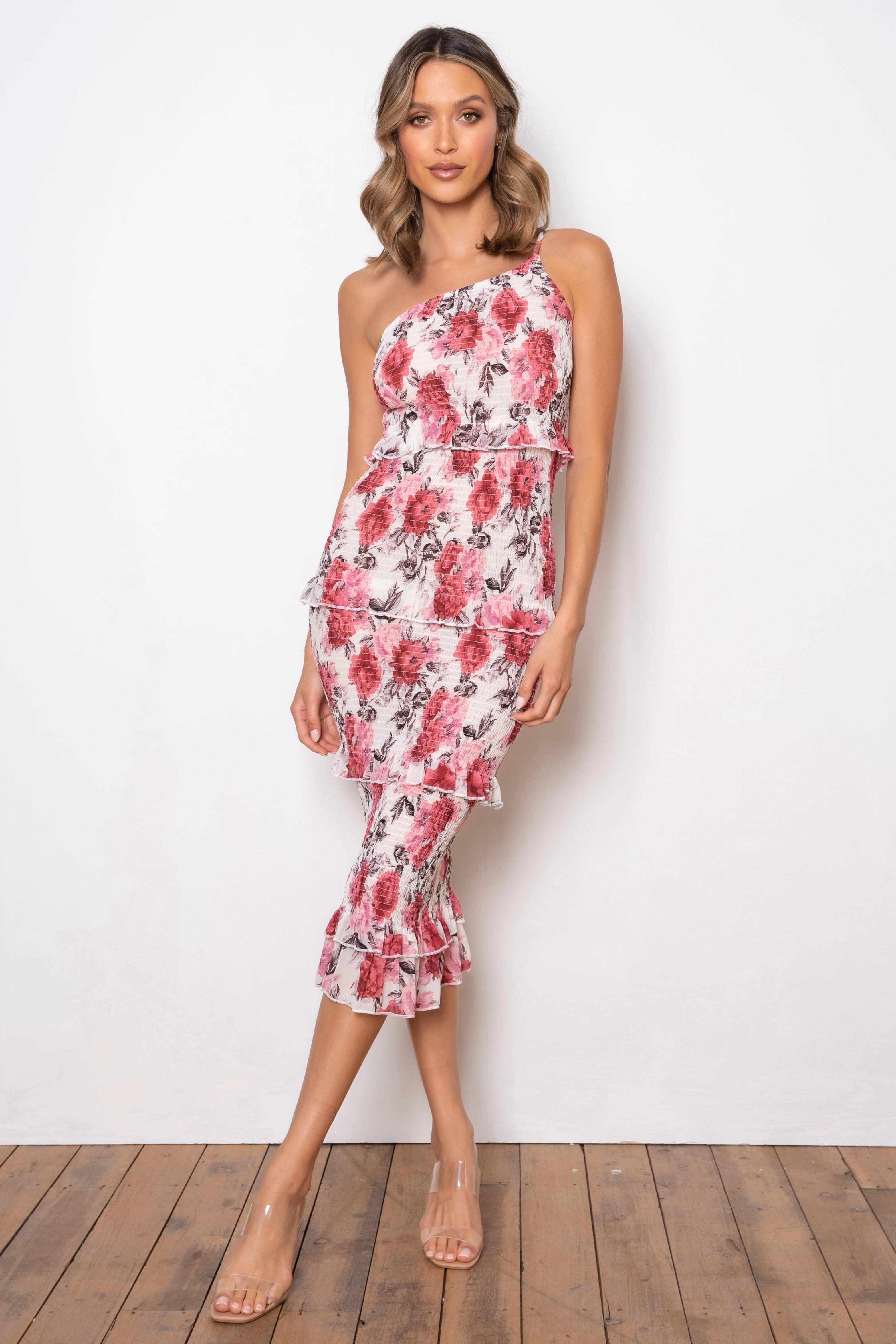 Dark Rose Dress - Cream Floral Piped-Edge