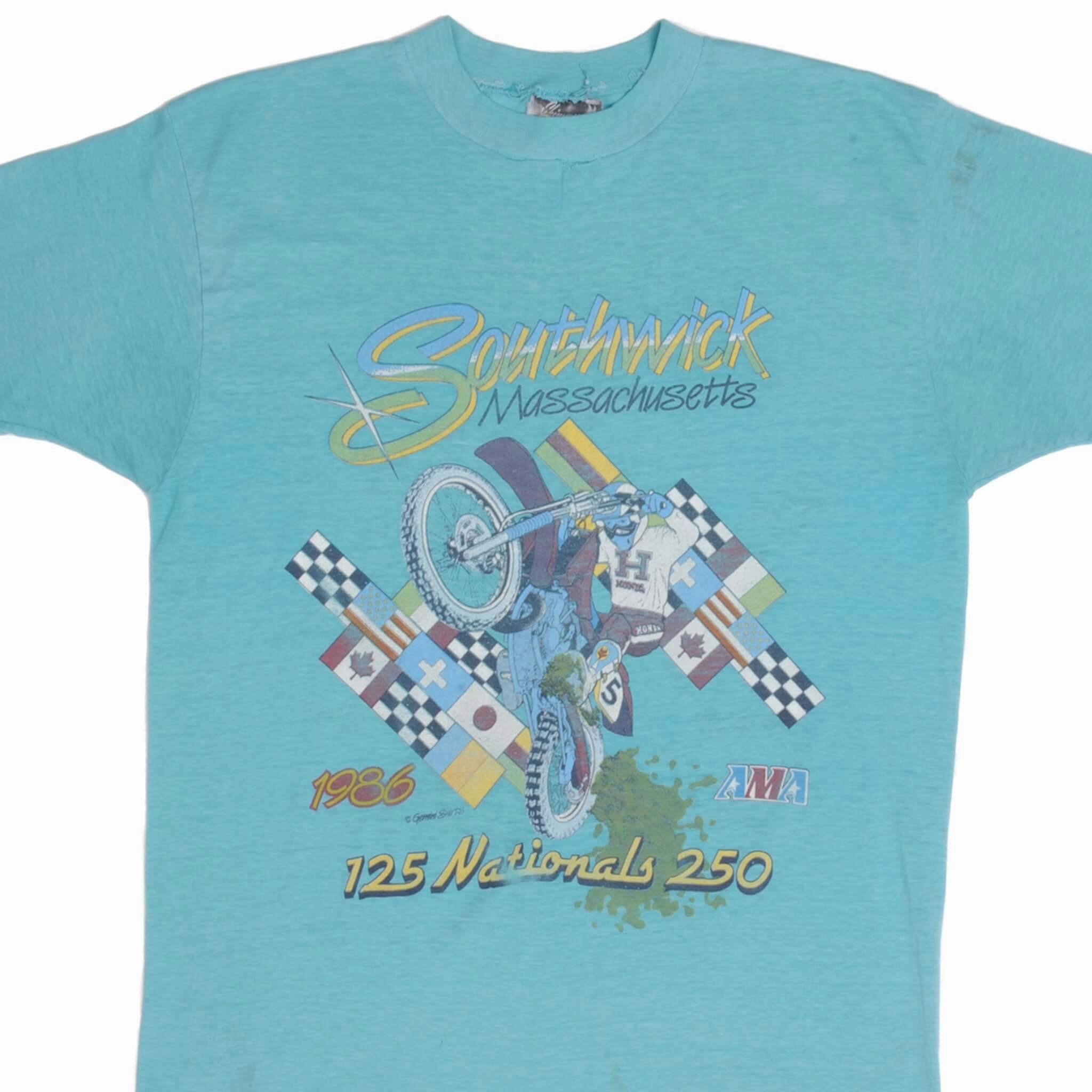 VINTAGE AMA SOUTHWICK MA 125 NATIONALS 250 TEE SHIRT 1986 MEDIUM MADE USA ZeroDistressFinish